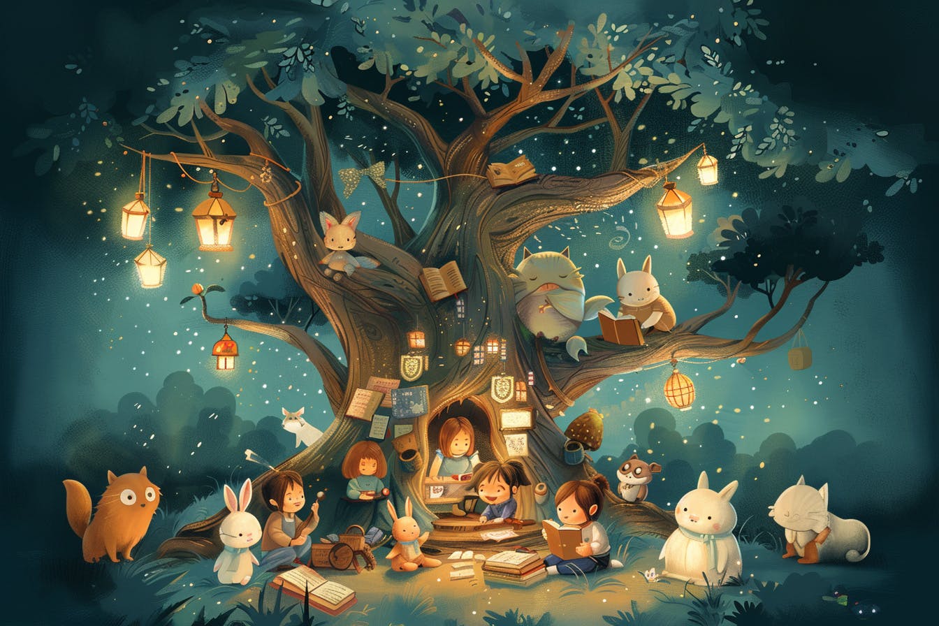 Tecknade barn och djur som sitter runt ett ihåligt och upplyst träd och läser i böcker.