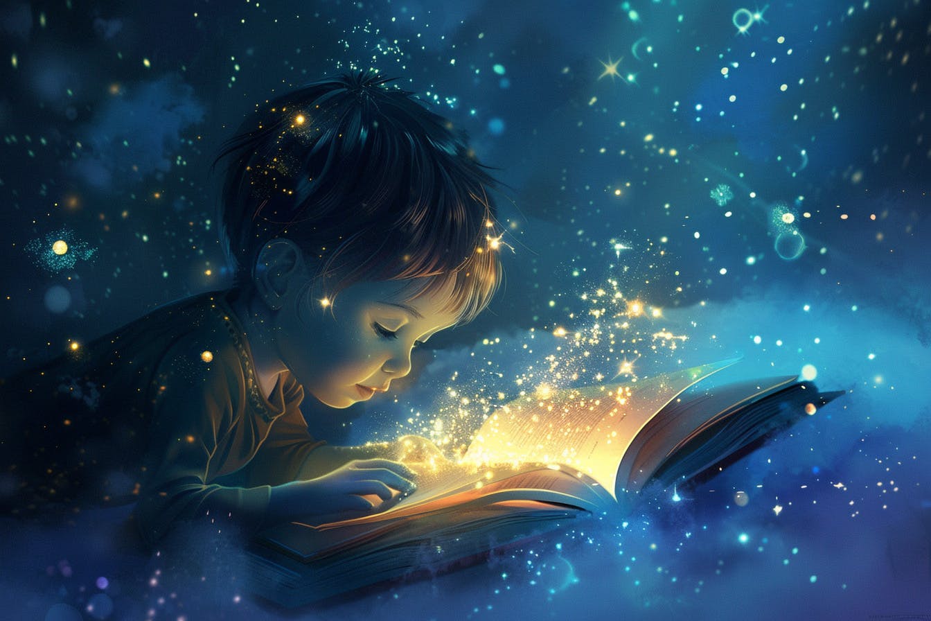 Ett barn ligger och läser i en magisk bok som förtrollar rummet.