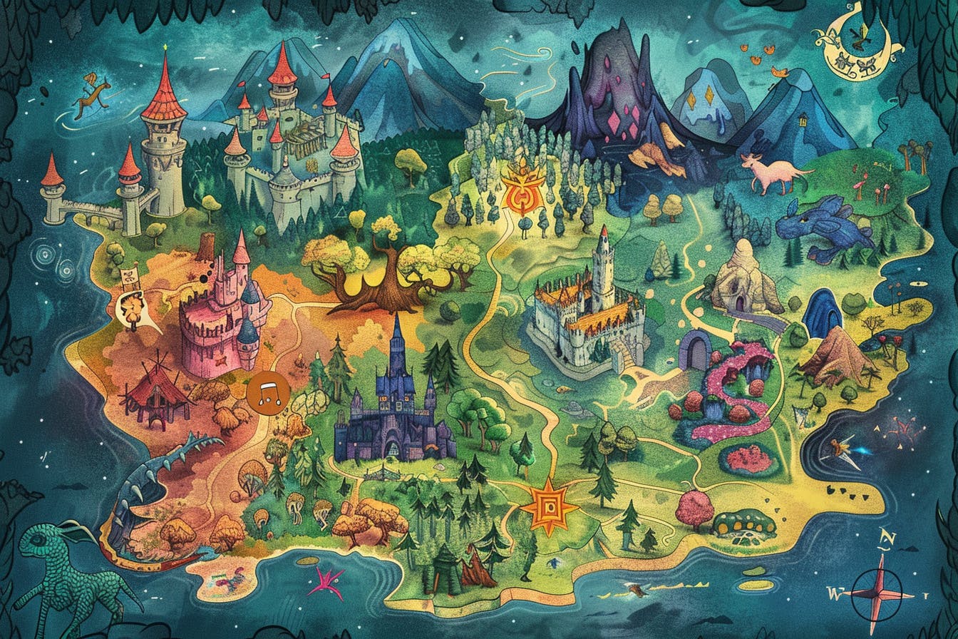 Karta över en sagovärld med hav, berg, slott, skog och magiska djur.