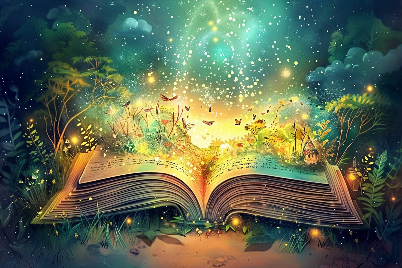 En magisk saga växer fram ur en öppen bok som ligger på marken i skogen.