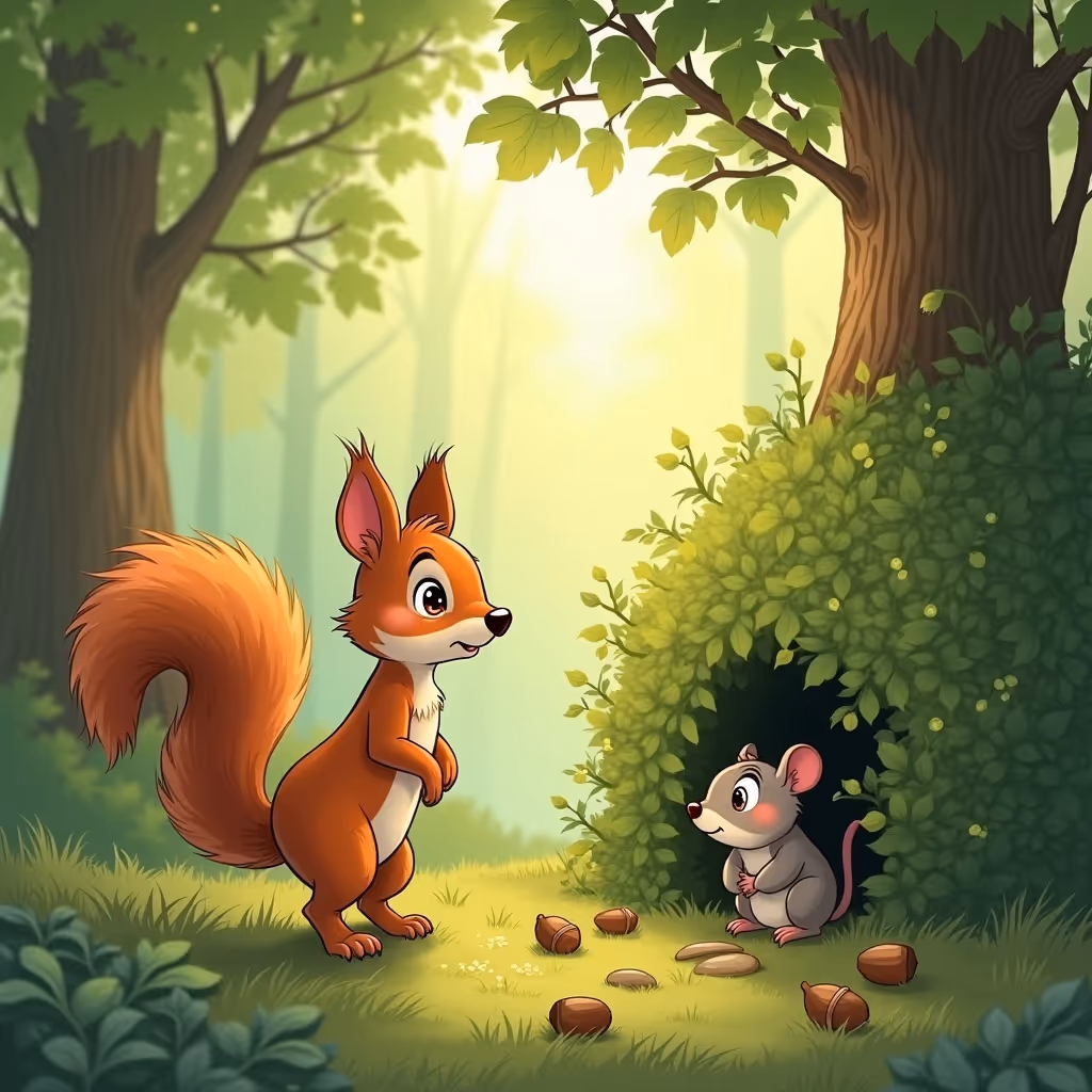 En liten ekorre som heter Elvira står vid kanten av en tät buske i en grön skog. Hon ser beslutsam ut med sin puffiga svans uppe och kloka ögon. Nära henne kikar den lilla musen Molly fram, ser generad ut. Runt omkring dem ligger ekollon, vilket symboliserar deras vänskap och samarbete.