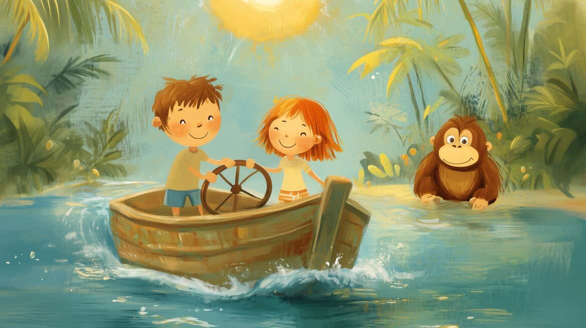 Max och Ella i en båt på ett hav med en orangutang på avstånd som tittar på.