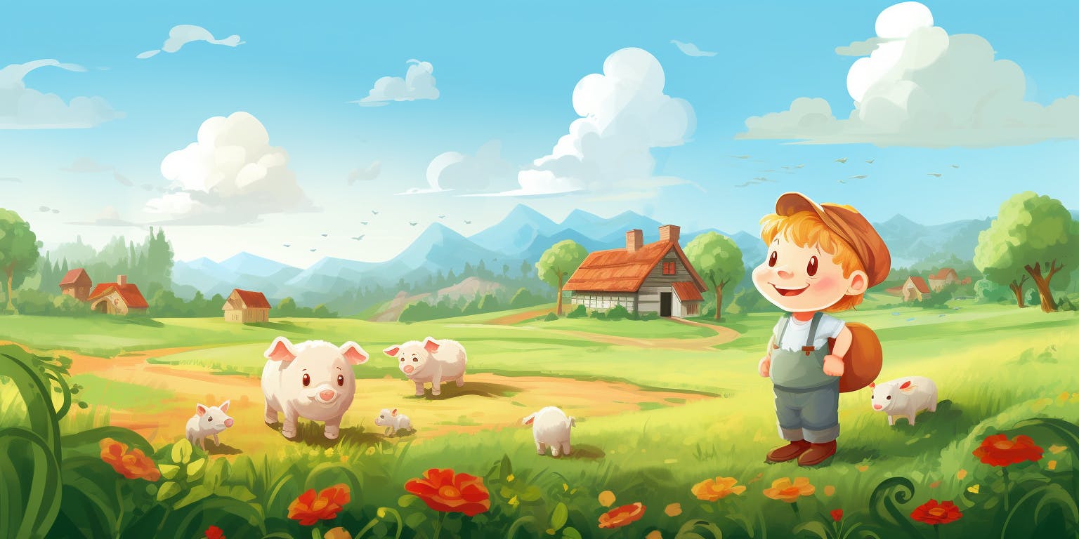 Leende tecknad figur står på ett fält tillsammans med några glada och fria djur under en solig dag