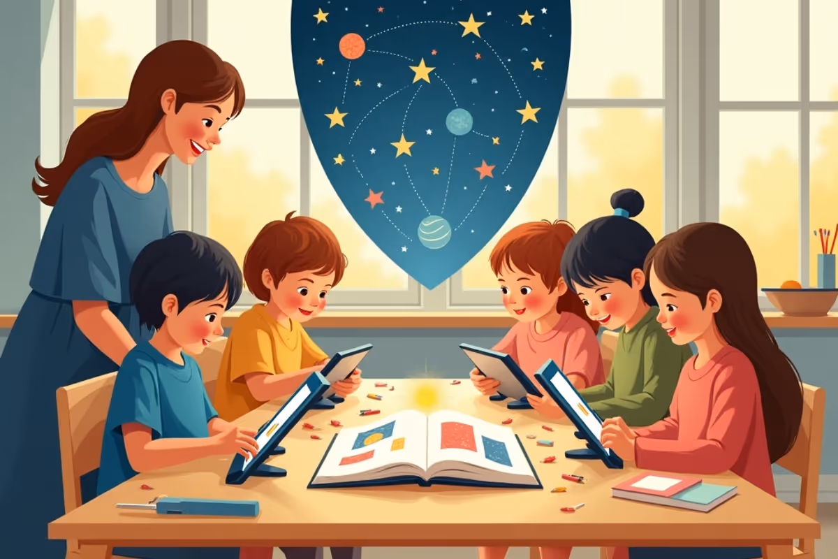 Barn sitter runt ett bord med surfplattor som visar färgglada AI-genererade teckningar. En lärare uppmuntrar samtal om bilderna i ett ljust förskolerum med konstmaterial på bordet.