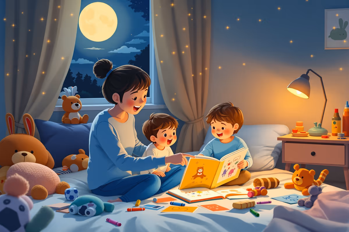 En förälder och barn sitter i ett mysigt barnrum med färgglada teckningar runt sig. Föräldern håller en handgjord sagobok med barnets teckning, och barnet pekar glatt på bilden.