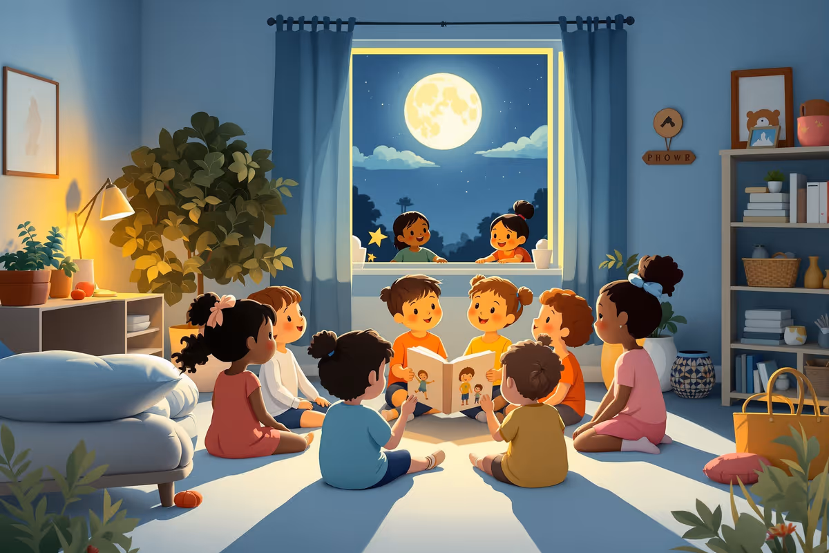 Lärare läser en bok om hjälpsamhet för en grupp barn med olika bakgrund i ett färgglatt klassrum