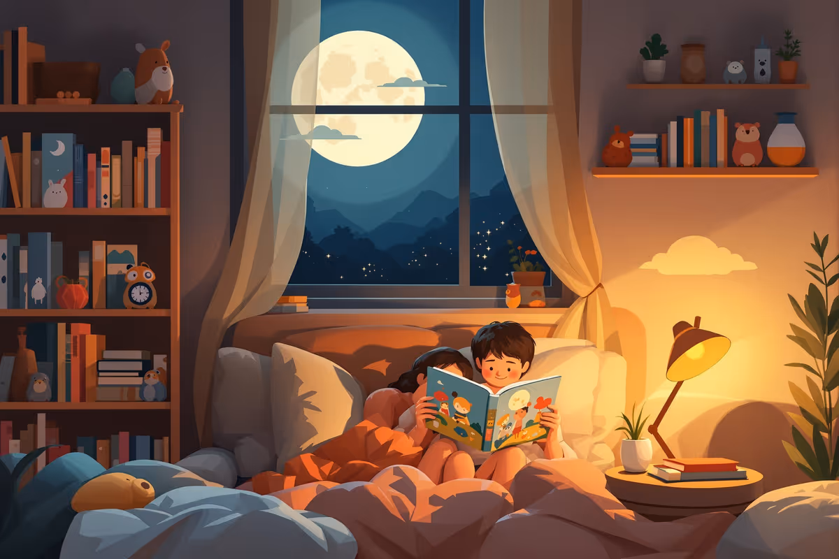 Förälder och barn myser i soffan medan de läser högt ur en färgglad bilderbok i ett varmt upplyst vardagsrum