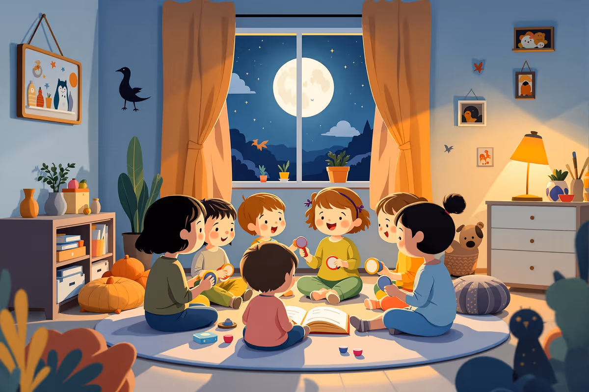 Förskolebarn spelar rytminstrument och sjunger tillsammans i en cirkel med en leende pedagog