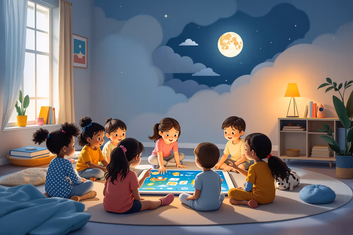 Barn i klassrum samlade runt en stor surfplatta på golvet och interagerar med en animerad berättelse som visas på skärmen