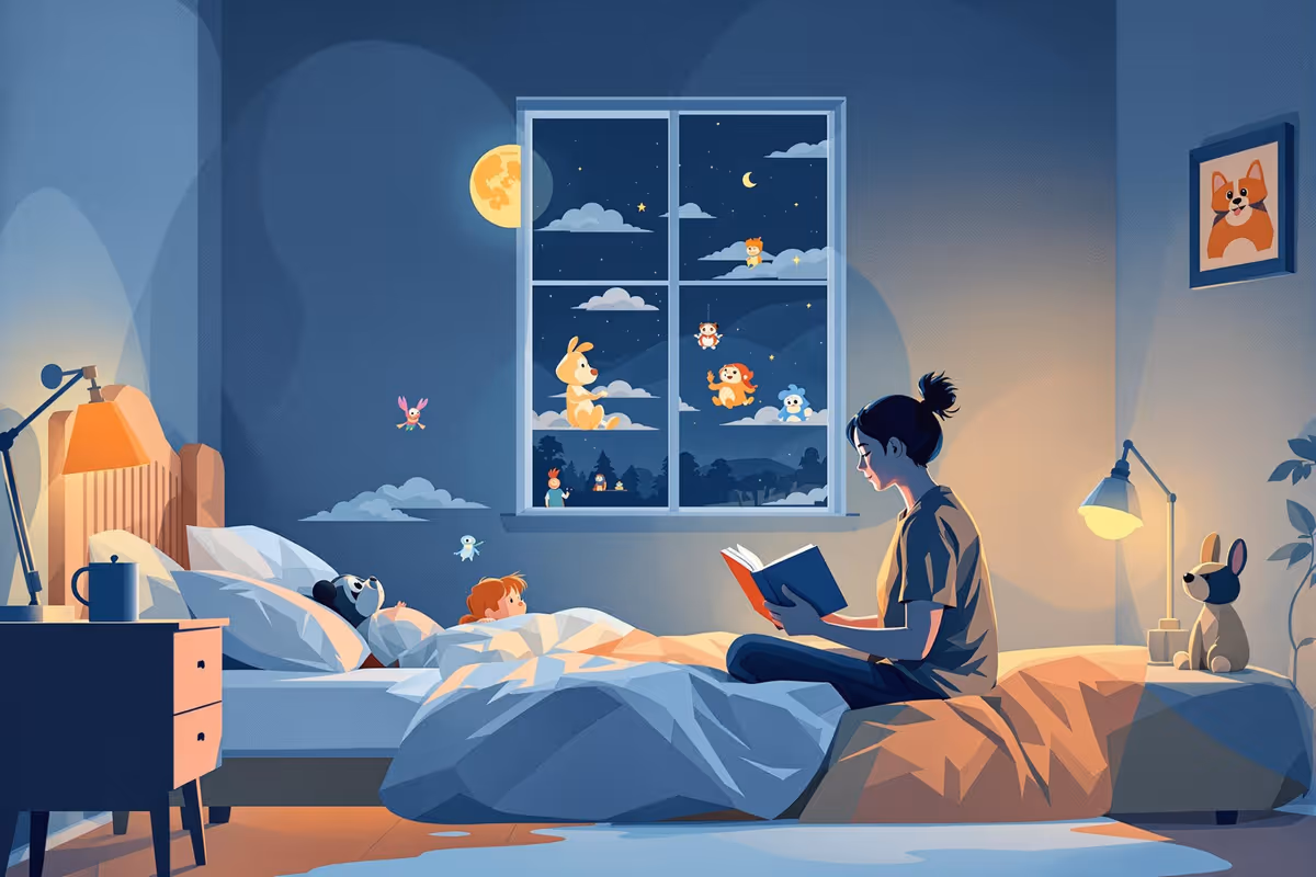 En förälder läser en personlig godnattsaga för ett barn i sängen medan barnets favoritkaraktärer svävar som ljusa figurer runt i rummet och skapar en trygg och fantasifull stämning.