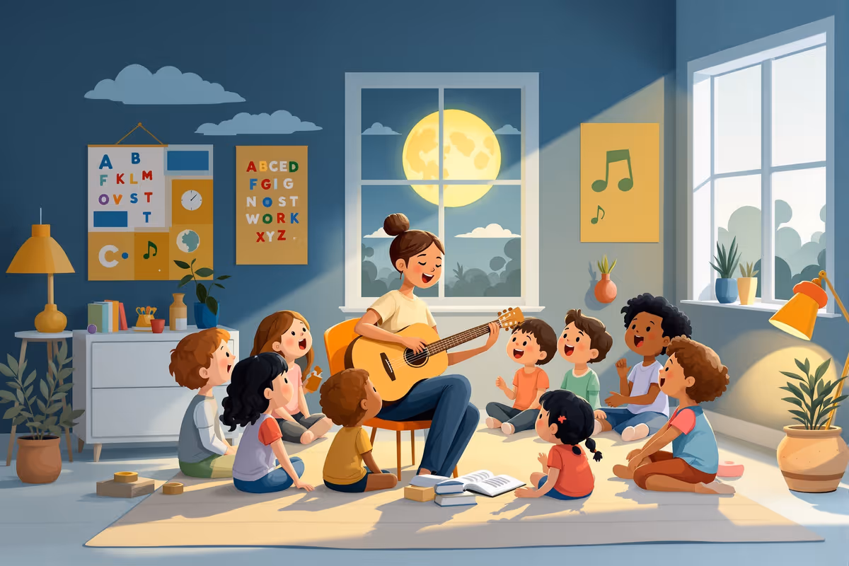 En förskolegrupp som sjunger tillsammans med en gitarrspelande pedagog i ett soligt klassrum fullt av bokstäver och noter på väggarna.
