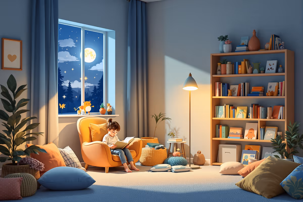 Barn sitter och läser i en ljus och mysig läshörna med bokhyllor, kuddar och varm belysning