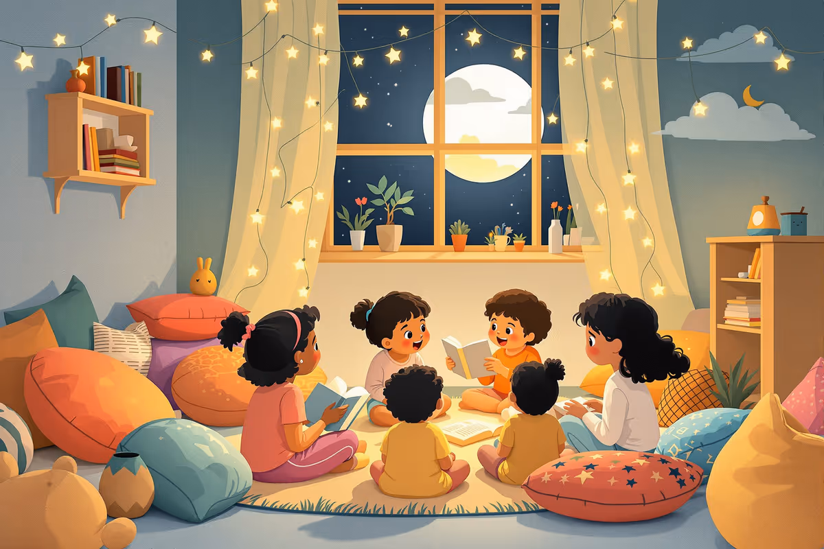Färgglatt läshörn med kuddar och sagolampor där flera barn i olika åldrar sitter i en cirkel och berättar historier