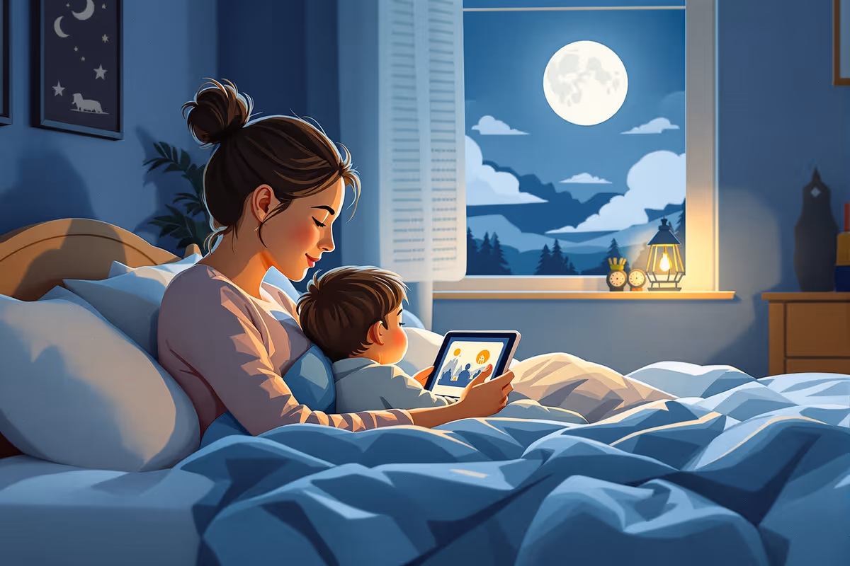 En förälder och ett barn sitter tillsammans under en filt i ett mysigt rum, läser en godnattsaga på en surfplatta som visar en lysande ikon och bilder från en sagobok.