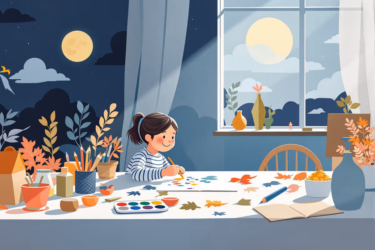 Barn och förälder målar tillsammans vid ett köksbord fullt av färgglada konstmaterial i soligt dagsljus