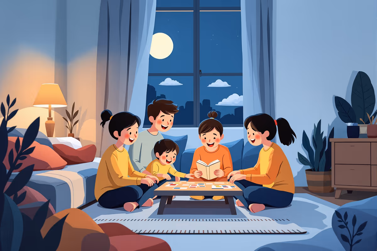 Familj med två barn som sitter på vardagsrumsgolvet och spelar ett samarbetsspel medan de skrattar tillsammans i kvällsljus